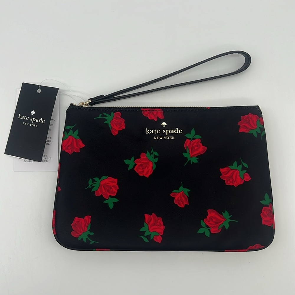 Kate Spade Chelsea Rose Toss Printed Medium Nylon Wristlet Pouch Black Multi